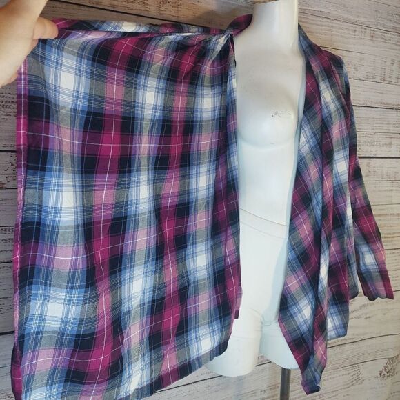 Womans Top sz S/P Pink Purple Black Plaid Open Waterfall Front Long Sleeve - Picture 4 of 7